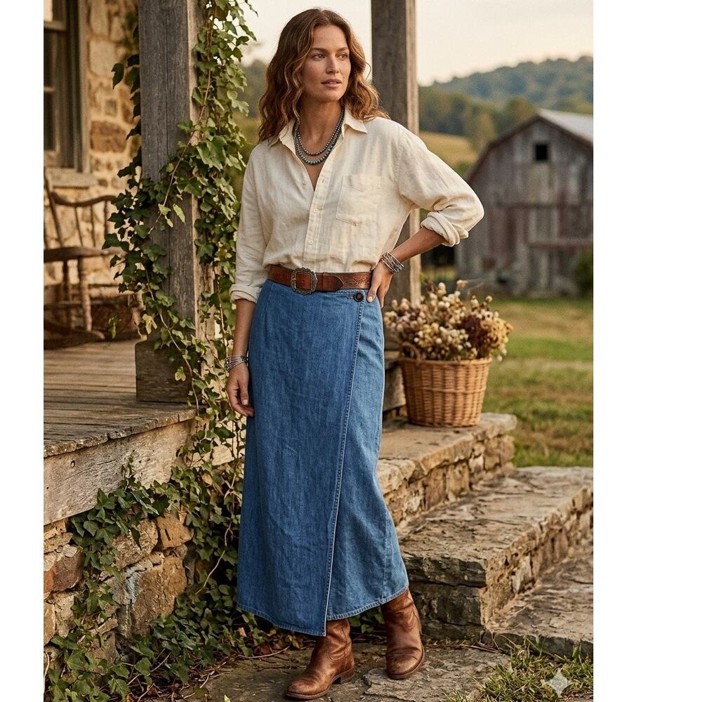 VTG 90s Ralph Lauren Denim Wrap Maxi Skirt Country Western Cowgirl Core Size Med